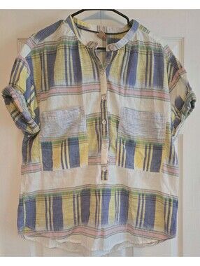 Plicro anthropologie hannah surf Plaid Button Down Blouse Sz XL short sleeve